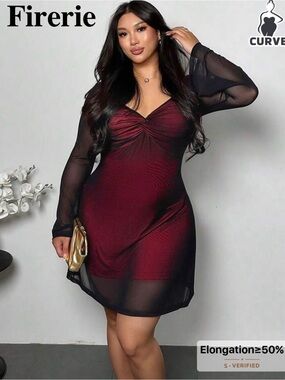 Red & Black Twist-Front Mesh Midi Dress